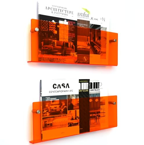 XOHYW Zeitschriftenhalter, Acryl, Wandhalterung, hängendes Bücherregal, Literaturaufbewahrung, Prospektablage, Regal für Wartezimmer, Wohnzimmer, Büro, Zuhause, Orange, 2 Stück