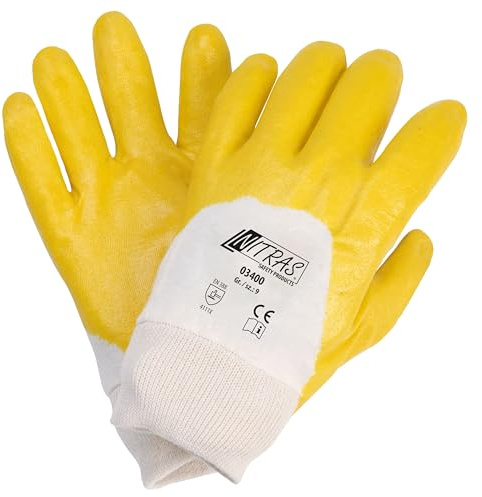 Nitras Guanti in nitrile, maglia di cotone, colore naturale, rivestimento in nitrile, giallo, 3/4, fascia in maglia, confezione da 12 pezzi, taglia 10