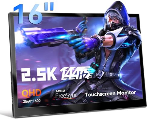 Akntzcs Portable Monitor Touch Screen 16 Inch Full HD 2k(2560x1600) Touchscreen Monitor 144Hz IPS Screen, HDMI USB TypeC Monitor for PC Laptop Computer Ras Pi, Built-in Speakers