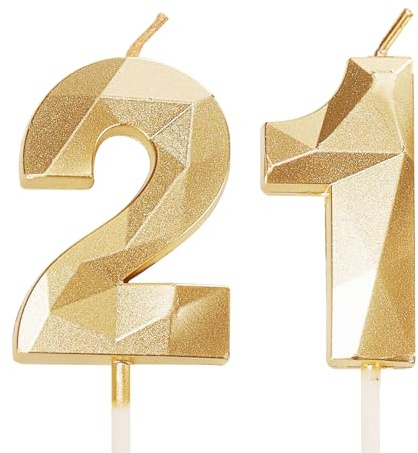 21st Birthday Candles, Gold Number 21 Happy Birthday Candles, Boys Girls Her Him Women Men Cake Topper Decorations for 21 Year Old Birthday Party Wedding Anniversary Celebration Supply Gold