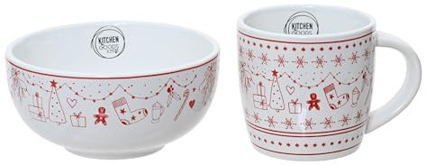 Kaemingk Vajilla de desayuno de cerámica – Juego de 2 cuencos y tazas con diseño navideño – Vajilla para Navidad – Cuenco y taza – Juego de desayuno blanco y rojo