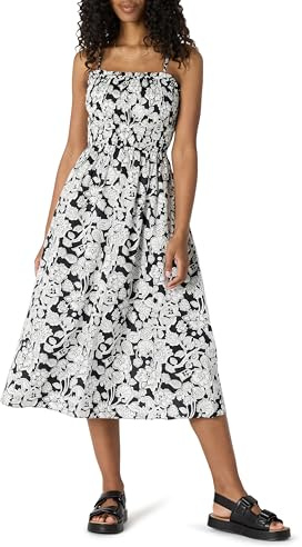 Amazon Essentials Robe à Corsage Smocké en Satin de Coton, Coupe Classique Femme, Noir Ivoire Folk Floral, L