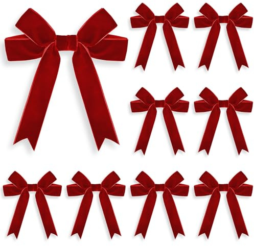 Kunjocy 10 Pcs Flannel Christmas Bows, Velvet Double Christmas Bows Christmas Tree Ornaments Bows Christmas Wreaths Bows for Xmas Garland Home Holiday Party Gift Wrapping (Red)