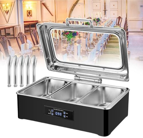 forplubossmmp Scaldavivande Commerciale per Buffet, Tavolo Elettrico in Acciaio Inox per Alimenti A Vapore con Pannello Display Digitale per Mantenere Il Cibo Caldo (con 5 Clip per Alimenti),3-Grid