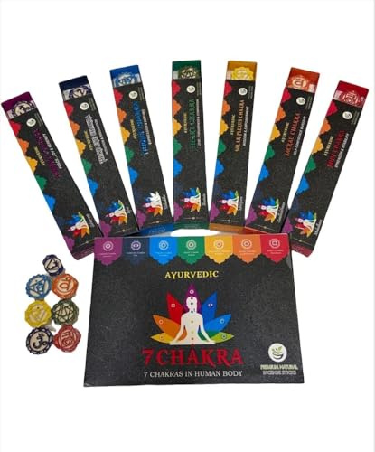 Ayurvedic 7 Chakra Premium Masala Räucherstäbchen Set – 7 x 15g mit Keramikhalter | Handgerollt, Natürliche Duftstäbchen für Yoga, Meditation & Entspannung mit Kajal Sticker