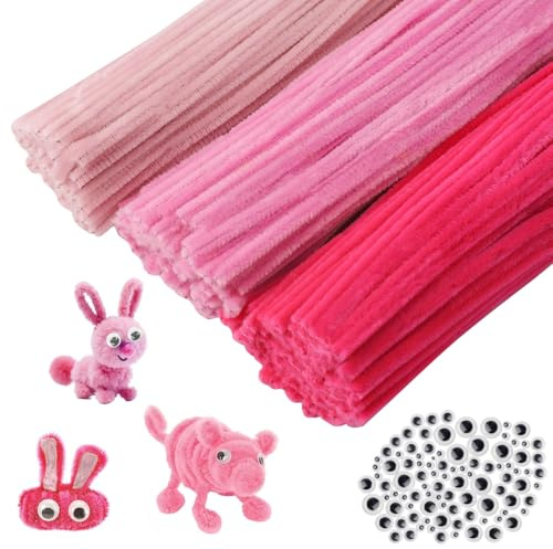 YFLeomry 300 Stück Pfeifenputzer zum Basteln 3 Verschiedene Rosa | Chenilledraht Pipe Cleaner, für Kreative DIY Projekte und Basteldeko, Pfeifenreiniger zum Basteln Rosa, mit 100 Kulleraugen