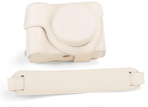 MUZIRI KINOKOO Camera Case for Canon Powershot V1 Vlog Camera, PU Leather Dermatoglyph Protective Cover for Canon V1, Detachable Carrying Case with Adjustable Shoulder Strap - White