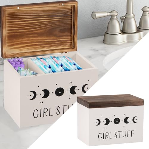 BAODBF Tampon Aufbewahrung Bad Binden Box Holz Hygieneartikel Weiß | Praktischer Organizer mit Klappdeckel fuer Wattepads Slipeinlagen Kosmetik im Badezimmer 2 Fächer Trennwand 20.3x13.2x15.2 cm