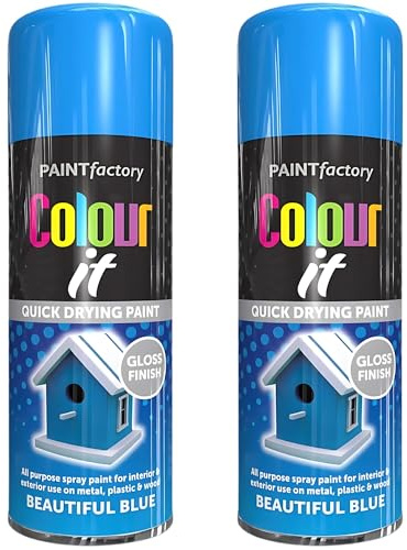 Paint Factory All Purpose Blue Spray Paint Pack 2 (400ml Each) - Gloss Finish Interior and Exterior Blue Spray Paint for Metal, Plastic, and Wood