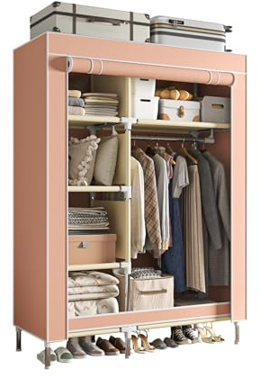 LEAIJIAFY Portable Wardrobe, Simple Wardrobe, with 5 Shelves, Hanging Rod and Non-Woven Fabric Cover, Suitable for Small Spaces.(Pink, 41.3 in)