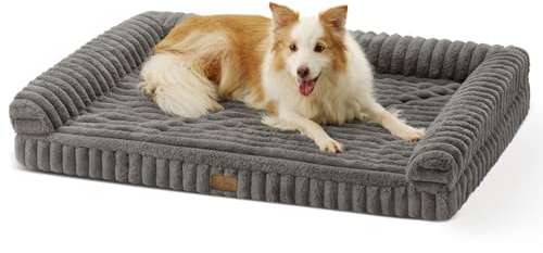 COZY KISS Orthopädisches Hundebett für Extra Große Hunde 110x80x17cm – Hundesofa mit Weichem Kunstfell & Cordbezug, Eierförmiger Kistenschaum, Ergonomischer Hundekorb, Abnehmbar & Waschbar, Grau, XL