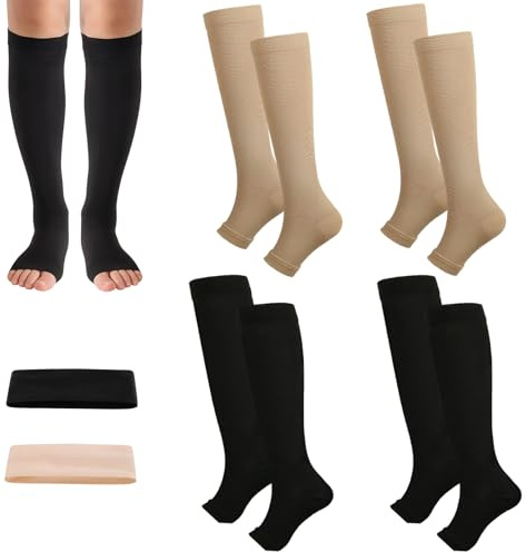 Rbleote 4er-Pack Reisestrümpfe Damen,Kompressionsstrümpfe Damen Flug,Stützstrümpfe Herren,15-25 mmHg Trombosestruempfe Flug,Enthält 2 Stirnbänder,für Krampfadern Ödeme Flug Sport Reisen