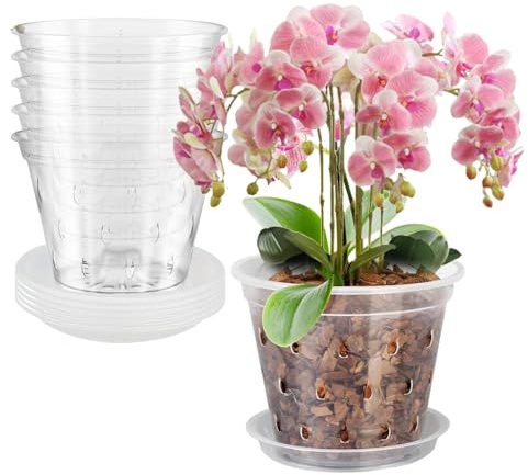 SKIKHN Lot de 5 pots à orchidée transparents de 17 cm en plastique transparent avec trou de drainage et plateau - Pots de fleurs pour plantes d'intérieur et de pépinière - Kit de rempotage - Pots de