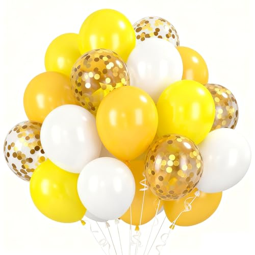 60 Stück Latex Ballons Gelb Weiß Goldflocken, 12 Zoll Luftballons Set für Geburtstag Hochzeit Deko, Senfgelb & Mattgelb Ballons für Prinzessinnen-Party, Mädchenfest