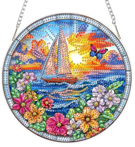 AIRDEA DIY Sailboat Stained Glass Diamond Art Ornament Kit for Adults, Double-Sided Ocean Sunset Diamond Painting Hanging Kit, DIY Acrylic Special Shaped Drills Hanging Suncatcher