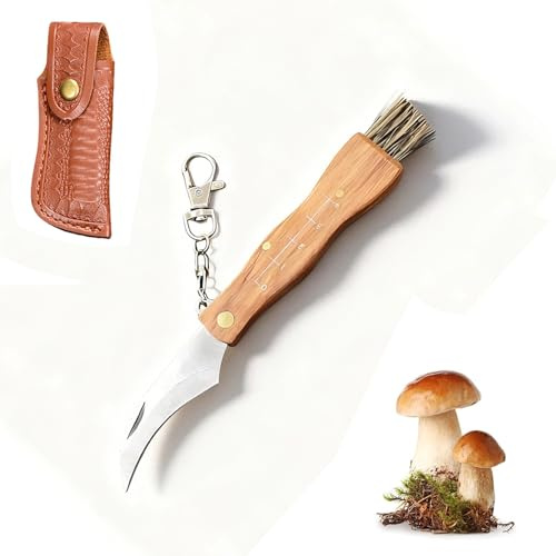 Vastsea Cuchillo de setas, con Funda navaja cinturón cuero, Navaja plegable setas, Navaja Micológica para Recolección Exterior y Camping
