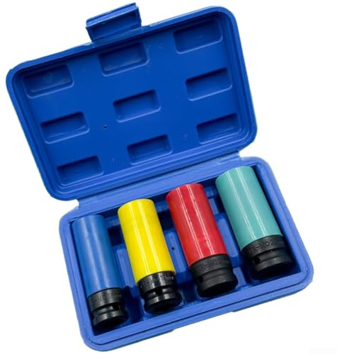 1 2 Inch Tire Socket Set for For IMPACT Use with Sizes M15 M17 M19 M21 M22 Made of Chrome Vanadium Steel with Protective Nylon Sleeves and Anti Trip Jack Design (4-piece Set)