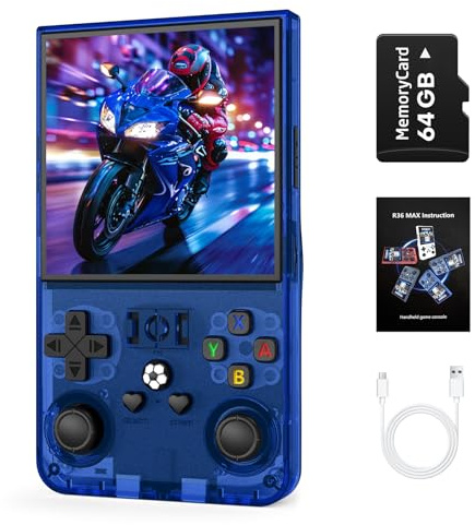 R36MAX Handheld Game Console, Retro Gaming Console with 4000mAh Battery 4.0”IPS Screen, Open Source Linux System, with 64GB TF Card Portable Video Gaming Console, Transparent Blue