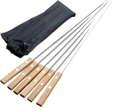 Pique A Brochette Avec Manche En Bois Brochettes de Kabob en acier inoxydable, 55cm, avec manche bois, brochettes Barbecue, rangée bâtons plats