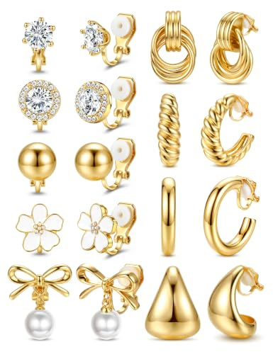 Chriscoco Clip On Earrings for Women 14K Gold Plated Clip Earrings Non Pierced CZ Pearl Knot Twist Chunky Hoop Stud Clip-on Earring Set Hypoallergenic Statement Fake Earring
