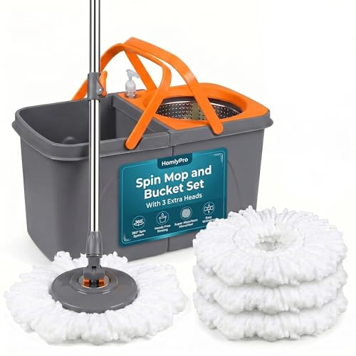 HomlyPro Spin Mop and Bucket Set With 3 Extra Heads, 130cm Extendable Handle - Grey and Orange, Microfibre Mop Head, Self-Wringing System, for All Hard Floors and Tiles