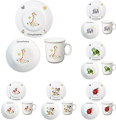 Kindergeschirr personalisiert - Frühstücksservice 3-tlg. Porzellan Teller Becher Schale personalisierbar mit Wunschname Name Frühstücksset mit Namen personalisiert (Giraffe)