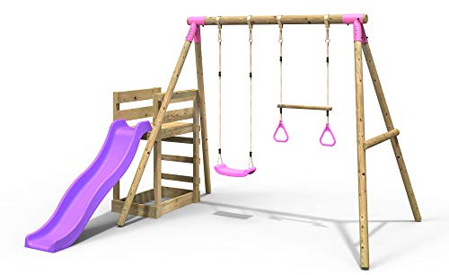 Rebo® Wooden Swing Set Plus Deck and Slide - Janus Pink