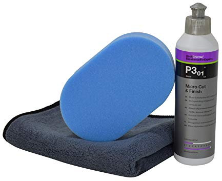 Handpoliturset - Liquid Elements Polierschwamm und darauf abgestimmter Koch Chemie Politur 250ml mit Finishtuch im praktischen Set (Polierschwamm weich + P3.01 250ml)