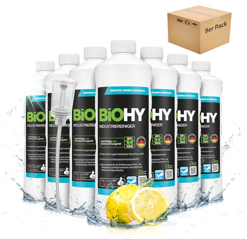 BiOHY Industriereiniger Konzentrat (9 x 1L) + Dosierer | geeignet für Waschsauger, Reinigungsautomaten & Saugwischer – Kraftreiniger für Hartböden, Werkstatt & Gewerbe, schaumkontrolliert