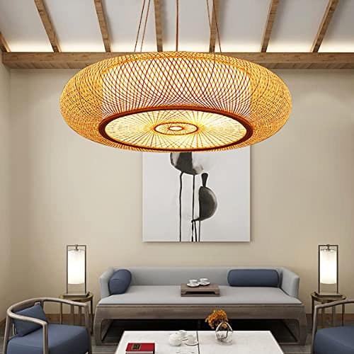 Vintage Hängelampe Retro Natürlicher Bambus Pendellampe E27 Höhenverstellbar Pendelleuchte Esszimmer Hängeleuchte Wohnzimmer Küche Bar Kronleuchter Beleuchtung Nachahmung Schaffell Lampenschirm,60cm …