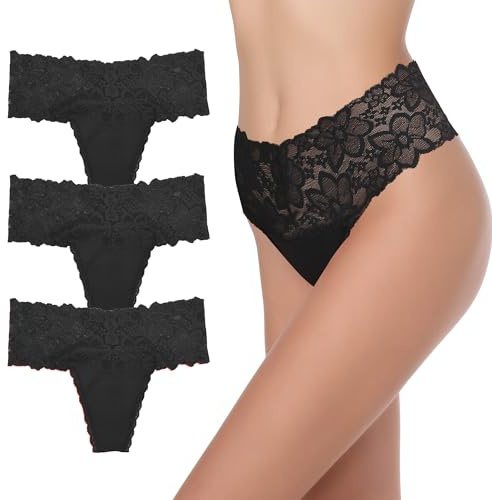 GAREDOB Tanga mit hoher Taille, Unterwäsche, Bauchkontrolle, Höschen, Baumwolle, Spitze, Größe S-4XL, 3er-Pack A, 3XL