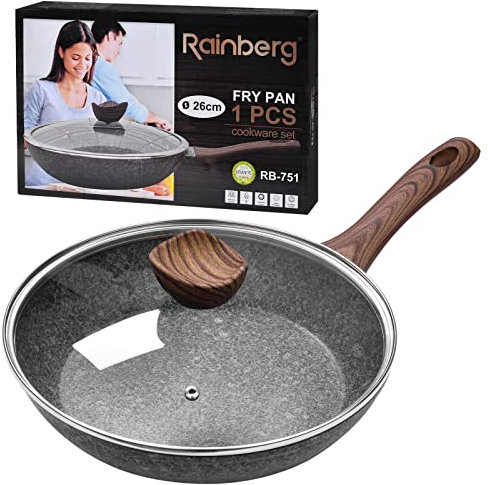 Rainberg 26CM Frying Pan with Lid, Granite Nonstick Frying Pans with Lid, Stone Frying Pan, Induction Compatible (26CM)