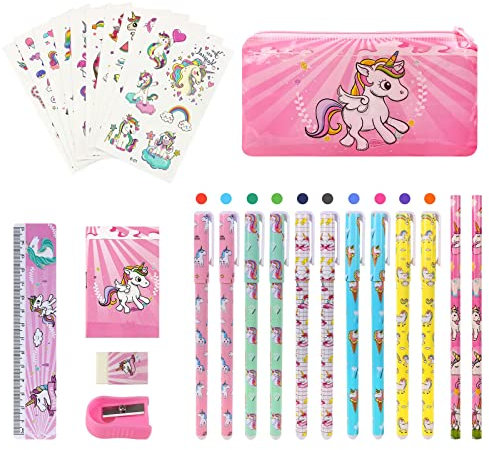 Vicloon Unicorn present för flickor, 27 st Unicorn brevpappersset Skolmaterial med vattentätt PVC pennfodral, anteckningsbok, pennor, pennor, vässare, suddgummi, linjal, Unicorn Tatto Toys presentset
