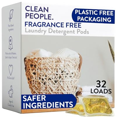 Clean People Laundry Washing Capsules - Recyclable Packaging, Hypoallergenic, Stain Fighting - Ultra Concentrated, Laundry Soap - Fragrance Free, 32 Pack