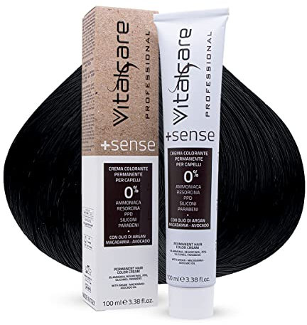 Vitalcare | +Sense - Colorazione Permanente Professionale, Crema Colorante Capelli, Senza Ammoniaca, Resorcina, PPD, Siliconi, Parabeni - Con Olio Di Argan, Macadamia e Avocado, 1/00 Nero, 100ml