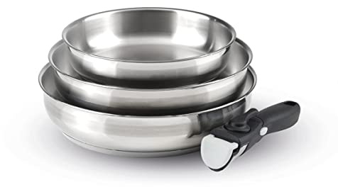 Qdesign - Batterie de Cuisine à Induction 4 Pièces - Set de 3 Poêles en Inox 20, 24 et 26 cm avec Poignée Amovible - Acier Inoxydable - Lot pour Tout Feu - Sans PFOA - Argenté