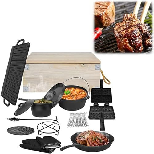 YUENFONG Set di forno olandese in scatola di legno, forno olandese in ghisa con accessori, piastra per latte e waffle, con guanti, sollevatore di coperchio, per campeggio, cucina, barbecue, barbecue a