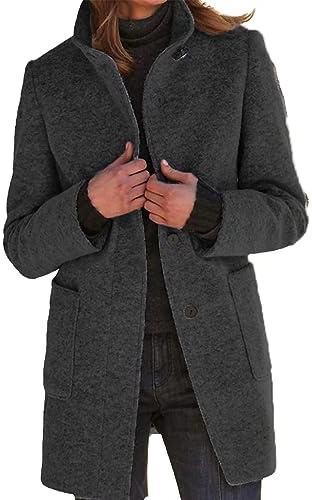 xxxiticat Cappotto da donna in misto lana monopetto caldo colletto alto lungo giacche blazer trench con tasche S-3XL, Nero , 3XL