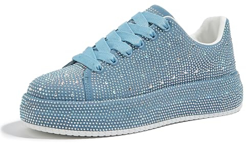 LUCKY STEP Strass sneakers för kvinnor plattform glittrande glitter bling tennisskor mode behåliga bröllop brud fest promenadsneakers, Blå strass, 38 EU
