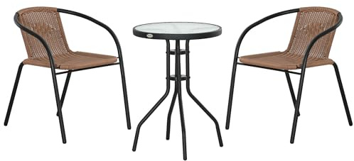 Outsunny Salon de Jardin bistrot, Ensemble bistrot de Jardin 3 pièces Cadre en Acier 2 fauteuils + 1 Table Basse Plateau en Verre trempé Marron et Noir