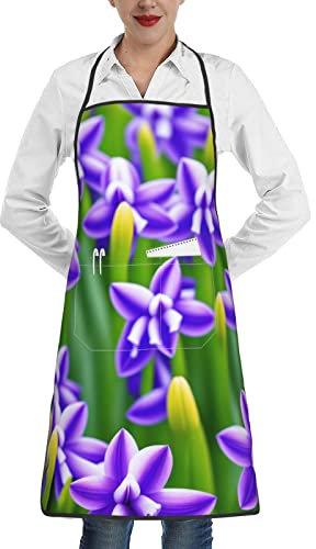 Lrtyuasq Küchenschürze für Mädchen, mit roten und gelben Blumen, wasserdicht, mit Taschen, Violette Hyazinthe, Einheitsgröße
