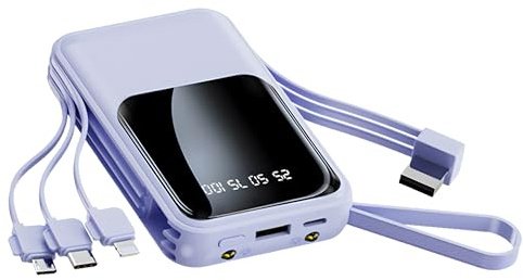 Power Bank 10000mAh Fast Charging Portable Charger with Built-in Cables, Small USB C Battery Pack for iPhone 16 15 14 13 Android Google Pixel etc (Purple)