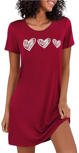 Marvmys Chemise De Nuit Femme en Coton Robe De Nuit à Manches Courtes Vêtement De Nuit à Imprimé Cœur à Col Rond Vin Rouge 3XL