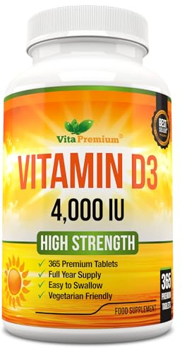 Vitamin D 4,000 IU Tablets, Maximum Strength Vitamin D3 Supplement, 365 Easy to Swallow Tablets - Full Year Supply