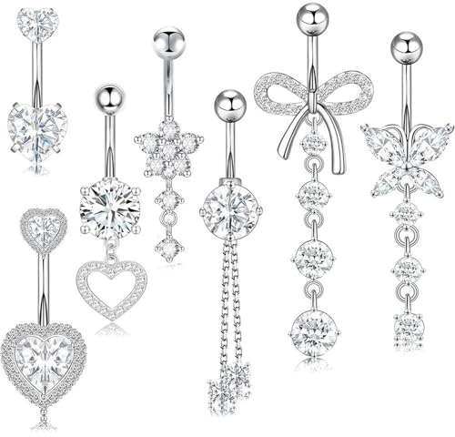 Irikdescia 7 stycken navelpiercing set, rostfritt stål zirkon hängande hjärta piercing navel belly knapp ring vattentät, magpiercing smycken kvinnor (vit)