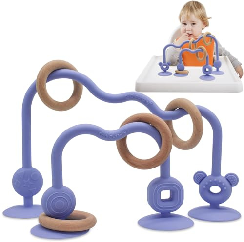 Juguete Ventosa Trona Purphy Juguete Bebe 6 Meses Silicona Mordedores Bebes 6-12 Meses con Anillo de Madera (Violeta)