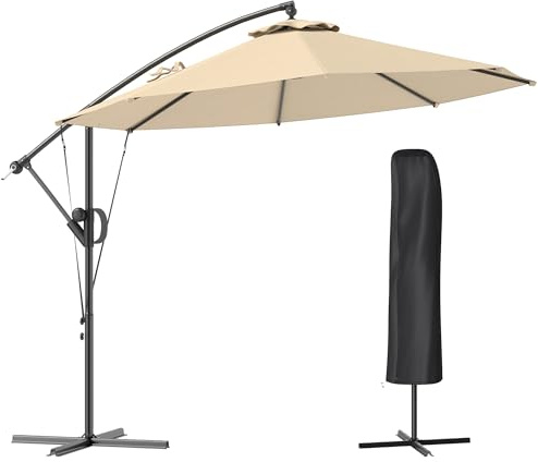 Outsunny 3(m) Garden Cantilever Parasol with Cover and Wind Protection Strap, Round Overhanging Umbrella with Crank Handle and Tilt, Banana Patio Umbrella for Outdoor Sun Shade, UPF50+, Khaki