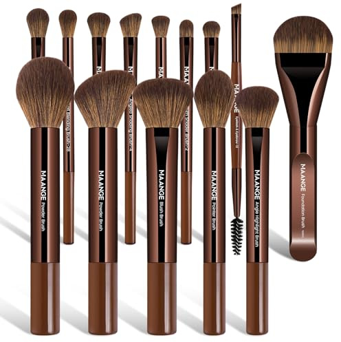 MAANGE 14-Piece Makeup Brush Set with Aluminum Ferrule- Premium Synthetic Makeup Brushes Kit Foundation Powder Brush Eye Shadow for Beginners & Professionals(Dark Coffe)