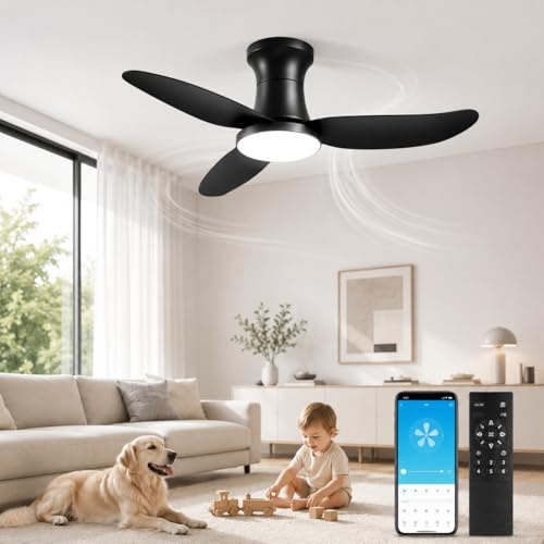 Viugreum Ventilateur de Plafond Noir avec Lumière et Telecommande, Dimmable Ventilateur à 3 Pales LED, Vitesse du Vent à 6 Vitesses, Contrôle intelligent APP, Timing, Lustre Ventilateur Plafond Salon