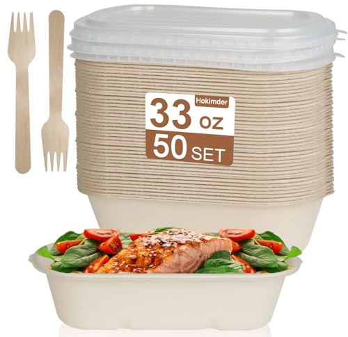 Hokimder 50 Pack 33oz Disposable Paper Meal Prep Containers【with Lids and Forks】 Rectangle Paper Bowls Take Out Food Containers for Salad,Pasta, Nacho, Burrito,Leftovers -1000ml
